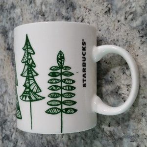 2015 STARBUCKS 12 OZ COFFEE MUG TEA CUP WHITE WITH GREEN TREES